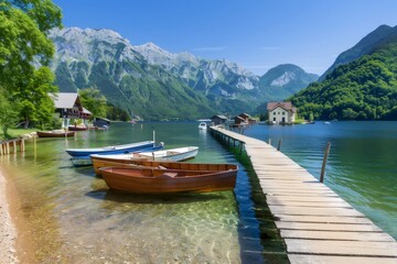 Naklejka na meble Wooden boats floating on crystal clear Lake Grundlsee in Austria, scenic landscape with Alps mountains