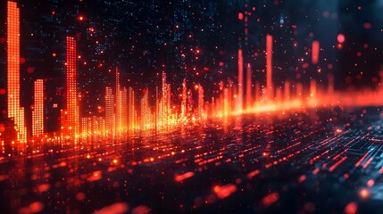 Wall Mural - abstract futuristic digital visualization of glowing red data bars and particles against a dark high