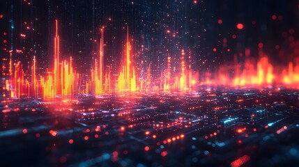 Wall Mural - abstract futuristic digital network with glowing red and orange bars representing data flow and grow