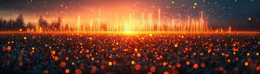 Wall Mural - futuristic field at dusk with glowing digital signals and bokeh lights symbolizing technological adv