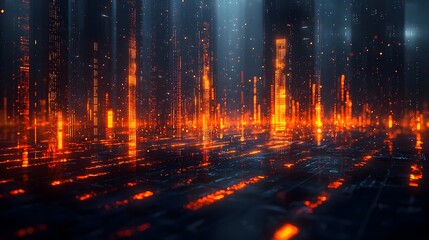 Wall Mural - abstract futuristic cityscape illuminated by glowing orange data streams and digital information rep