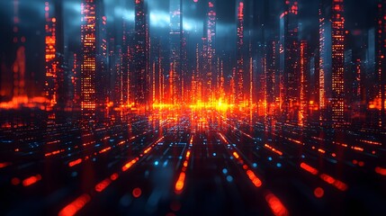 Wall Mural - abstract futuristic digital cityscape with glowing red and blue data streams