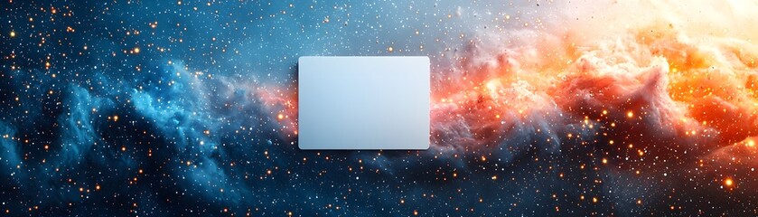 Wall Mural - A blank white card hovers in a vibrant cosmic nebula with swirling colors and glowing stars