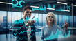 © Dazz - Business professionals interacting with futuristic holographic data displays showing financial charts and graphs in a modern office environment, symbolizing data analysis and technological advancement