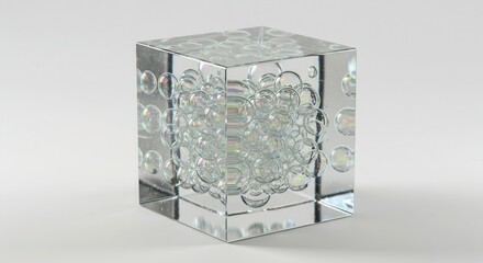 A transparent cube-shaped object filled with numerous iridescent bubbles creates a captivating visual display.