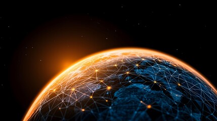 Wall Mural - a digital image shows the earth globe with a futuristic network overlay, glowing dots, and lines, se