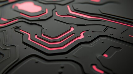 A close-up of an intricate black circuit board with vibrant pink lines shows a modern technological design, This image is great for articles or presentations related to technology, engineering