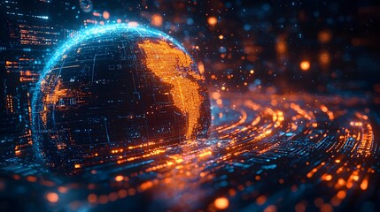 Wall Mural - a futuristic digital representation of planet earth as a glowing globe surrounded by abstract data s