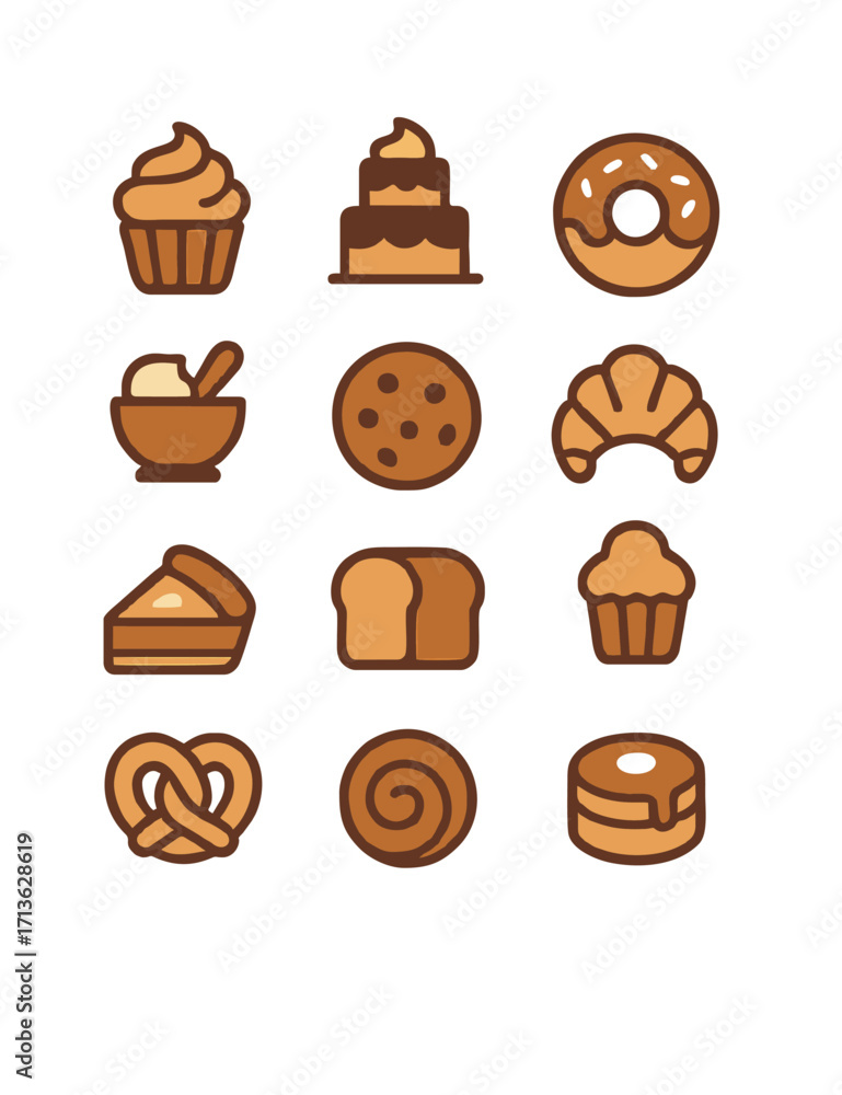 Flat bakery and pastry icon set collection including cake, muffin ...