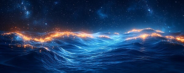 Wall Mural - A mesmerizing celestial ocean scene with waves illuminated by glowing orange energy beneath a vast star filled night sky
