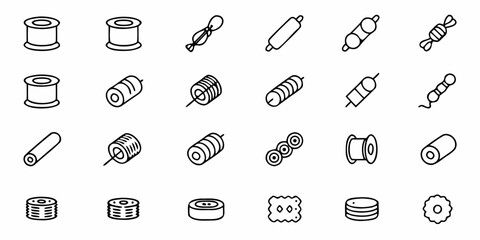Collection of various spools, cylinders, and disc shaped objects in simple outline drawing style design
