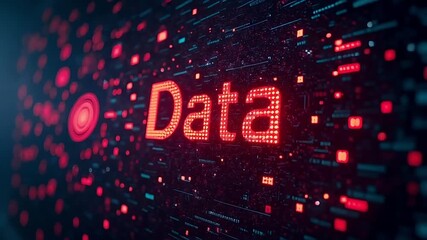 Dynamic digital data stream visualized with glowing red text and abstract futuristic network patterns, perfect for technology and business concepts.