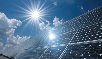 Bright sun shines on a large array of solar panels under a partly cloudy sky