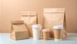 © ketherin - Stylish take-out packaging: brown paper bags and cups of coffee for eco-conscious consumption,Sustainable food delivery concept: coffee cups and paper bags for modern lifestyles