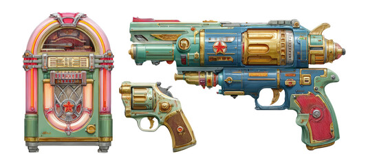 Vintage Jukebox and Retro Style Futuristic Pistol Isolated on Transparent Background