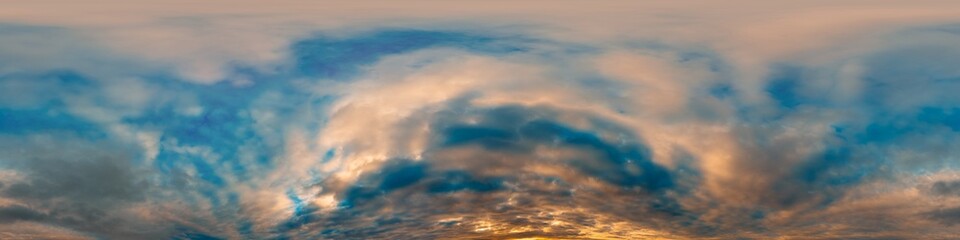 Wall Mural - Sunset sky with bright glowing pink Cumulus clouds. Seamless spherical HDR 360 panorama. Full zenith or sky dome in 3D, sky replacement for aerial drone panoramas. Climate and weather change.