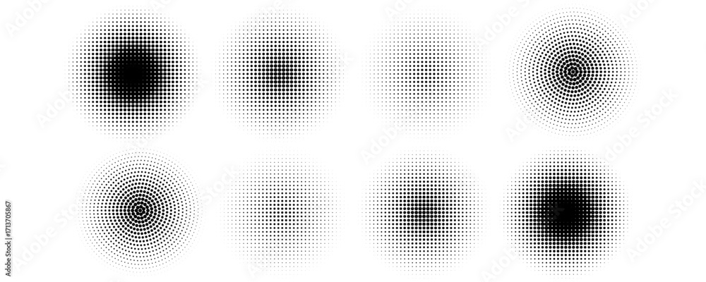 Halftone gradient circles collection. Dots textured round patterns ...