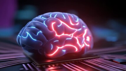 Wall Mural - glowing brain model with neon blue and red lights electronic circuit board showcasing artificial int