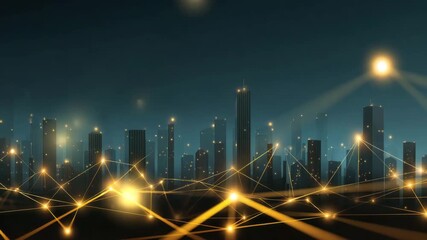Wall Mural - futuristic digital cityscape with glowing network connections and bright lights illuminating skyscra