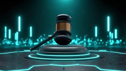 Wall Mural - gavel glowing neon lights on futuristic hexagonal platform with digital background symbolizing law j