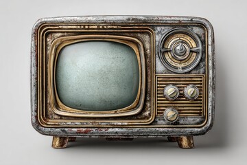 A weathered, vintage, small television set with a rusty, metallic casing, gold accents, and a blank, aged screen sits on a neutral background