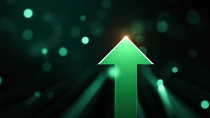 Wall Mural - green arrow pointing upward glowing light bokeh background symbolizing growth progress success futur