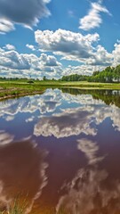 Wall Mural - Vertical timelapse of fluffy clouds moving across the sky and reflecting in a calm river surface