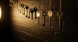 © PixelPulse - A collection of vintage keys hanging against a stone wall casting long shadows
