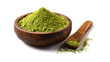 © MDNadim - Green matcha tea powder in a wooden bowl isolated on a white background