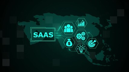SAAS – Software as a Service. SaaS concept head up display (HUD UI) panel and futuristic technology abstract background. Digital world map technology background.