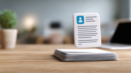 Floating digital profile card above stacks of paper documents on a wooden desk in modern workspace with blurred background for professional use