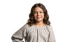 © Artem - Young girl with brown hair smiles confidently, showcasing intricate embroidery on her light gray blouse