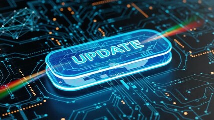 Glowing update button with digital circuit backdrop. Update button symbolizes process of modernization in technology. Update process concept for software and security, showcasing system enhancement,