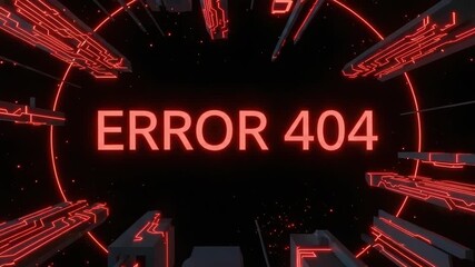 Error 404 message in neon red glow against dark background. Error 404 sign with futuristic glow, on black backdrop with glowing red lines.