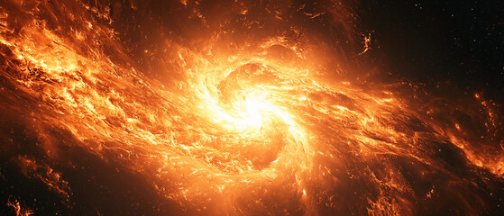 Wall Mural - A stunning cosmic swirl of fiery orange and yellow hues, depicting a vibrant galaxy with intense energy and swirling patterns amidst a backdrop of stars.