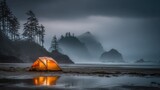 Orange Tent On Misty Pacific Coastline