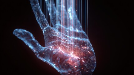 Glowing Particle Hand with Vertical Data Streams, AI  Digital Future.