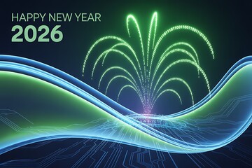 Futuristic New Year 2026 digital celebration with binary code fireworks over modern circuit board design, perfect for tech promotions