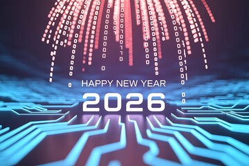 Celebrate Happy New Year 2026 with futuristic digital fireworks and glowing circuit board design for tech events