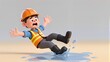 © Thinanthorn - Construction worker slip and fall on wet floor. Safety first, accident caution at construction site. 3D cute cartoon character.