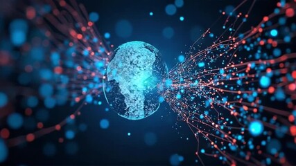 Digital sphere with flowing data streams and network connections in a dark background