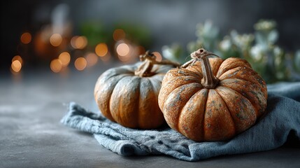 Rustic pumpkins on blue cloth with bokeh lights in background