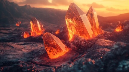 Sticker - Breathtaking glowing crystals rise from a volcanic landscape in the golden sunset. A scene of beauty and wonder captivates the imagination. Generative AI