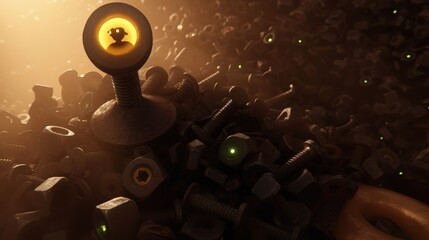 An imaginative scene featuring a cheerful robot atop a pile of shiny bolts and screws, bathed in warm golden light.