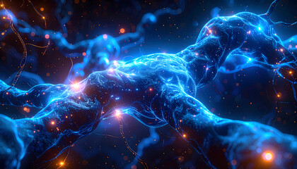Wall Mural - Abstract rendering of neural networks, depicting interconnected pathways with glowing blue and orange highlights, suggesting communication and complexity.