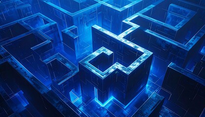 A digitally rendered maze glows with cool blue light, with sharp edges and intricate pathways, creating a sense of complexity