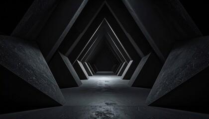 Wall Mural - Acoustic anechoic wedges forming a deep triangular pattern matte blacks and central copy space representing sound treatment suitable for technology architecture and product backdrops