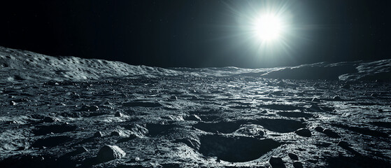 Wall Mural - A stark lunar landscape illuminated by a bright sun, showcasing the moon's rugged terrain and cratered surface against a starry backdrop.