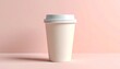 © Syawal Bangun - Clean and minimalist white disposable coffee cup with a lid, presented on a soft pink background, perfect for showcasing beverage branding or eco-friendly packaging concepts in a bright studio setting