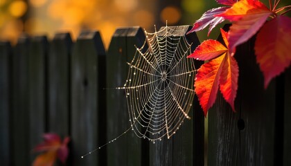 Dew-kissed spiderweb glistens on rustic fence with vibrant autumn leaves catching golden light
